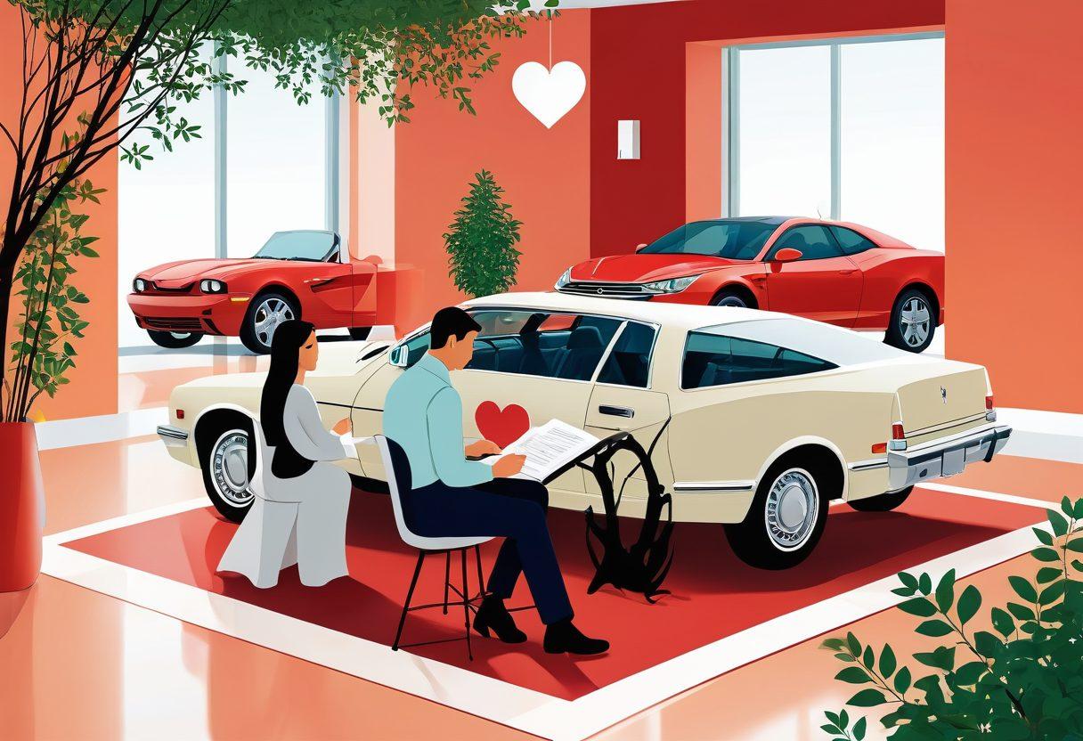 An illustration of a couple sitting at a table, reviewing insurance documents, with visuals of a car and a heart symbolizing health, intertwined with vines representing growth and connection. The background hints at both an auto showroom and a serene health clinic, blending them harmoniously. warm colors. modern vector art.