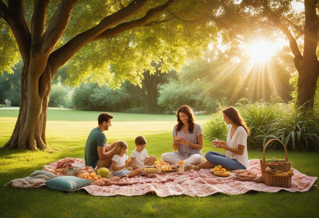 An idyllic scene of a serene family picnic in a lush green park, showcasing a couple and their children enjoying a peaceful moment together. Include elements such as a cozy blanket, delicious food, and a gentle breeze rustling the trees, symbolizing tranquility and harmony. The background should feature soft sunlight filtering through leaves, creating an inviting atmosphere of love and connection. super-realistic. vibrant colors. soft focus.